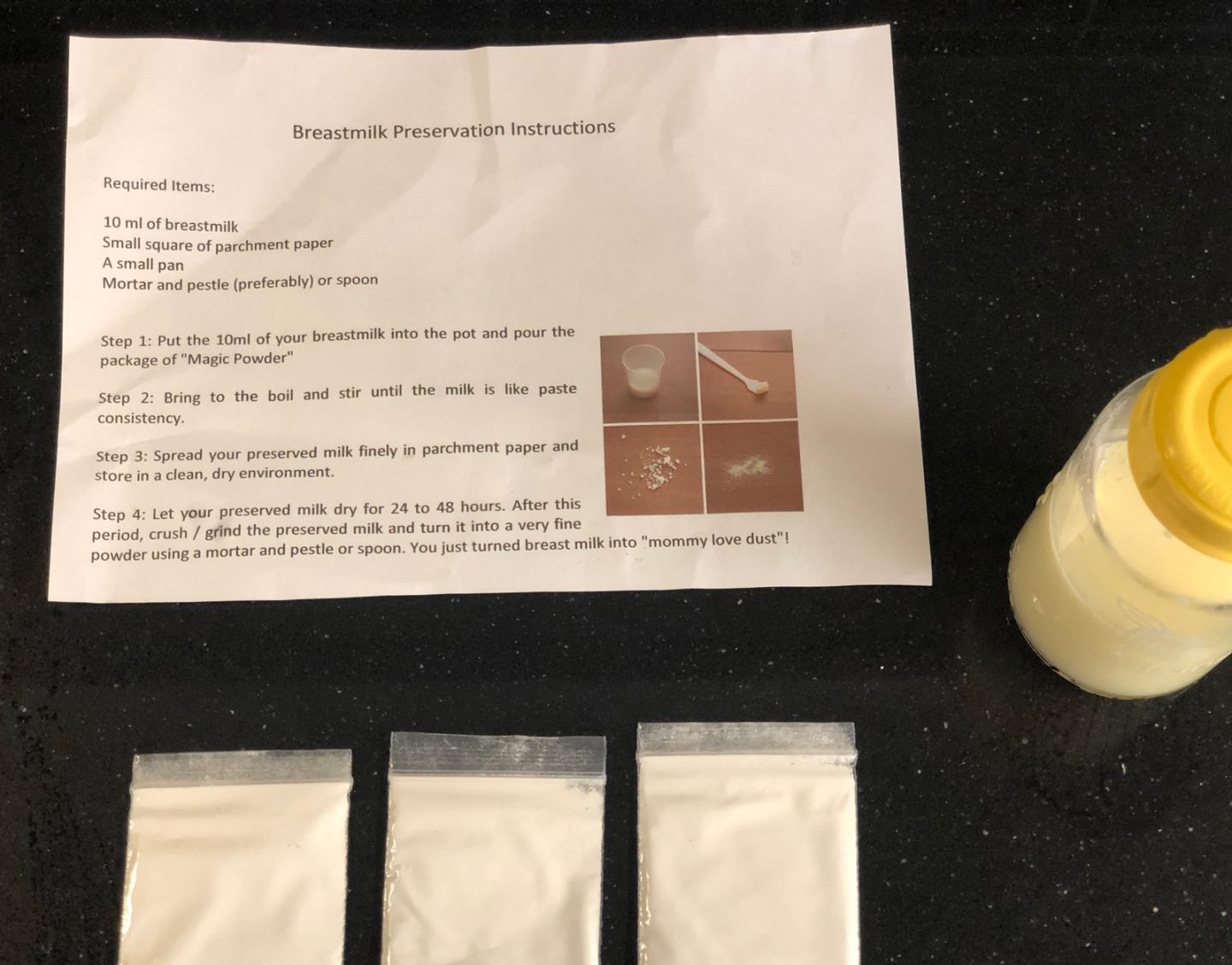 "Magic powder" purchased online to solidify and preserve breastmilk